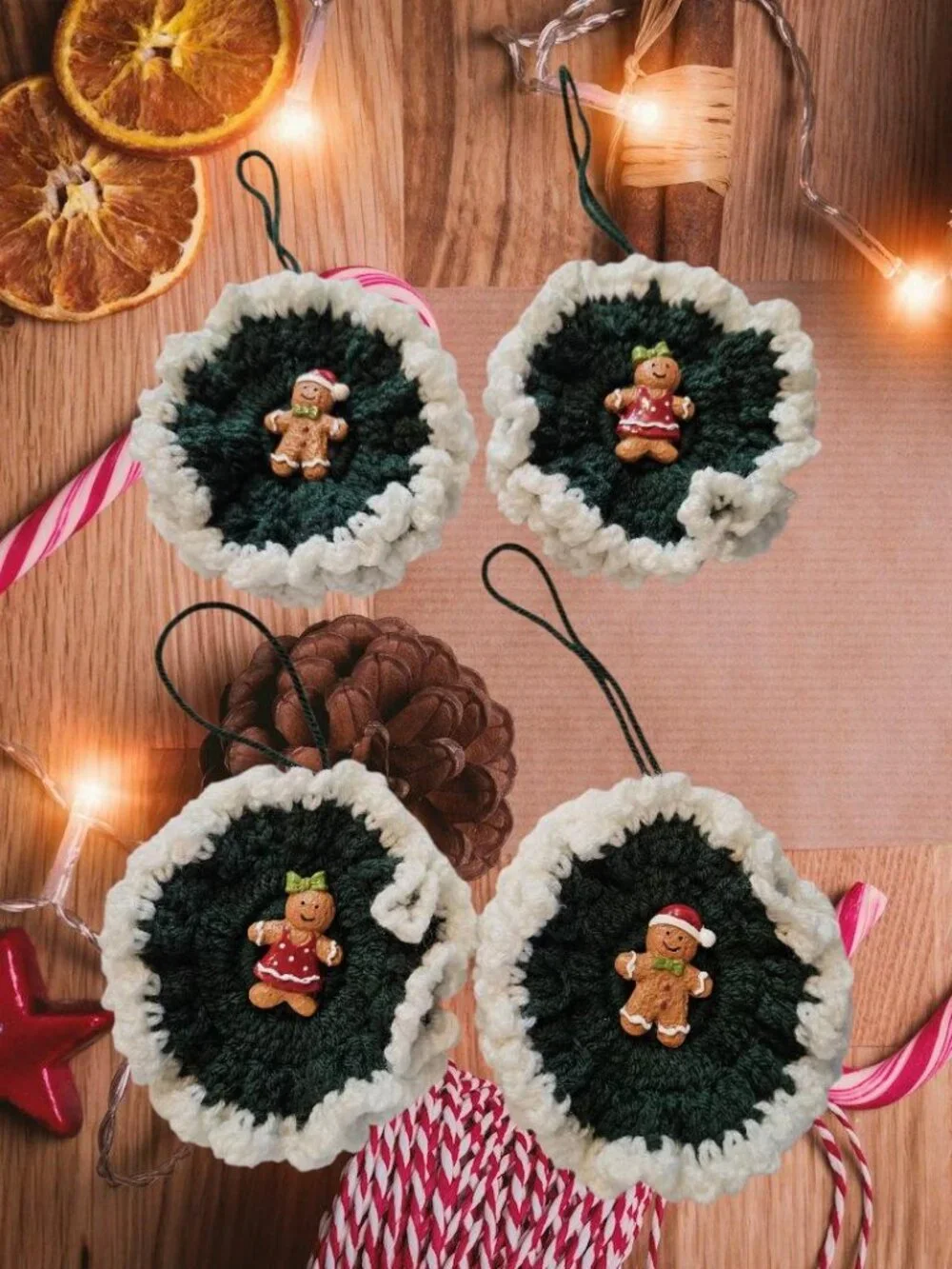 Crochet Christmas Wreath Ornaments with Gingerbread Boy & Girl – Handmade